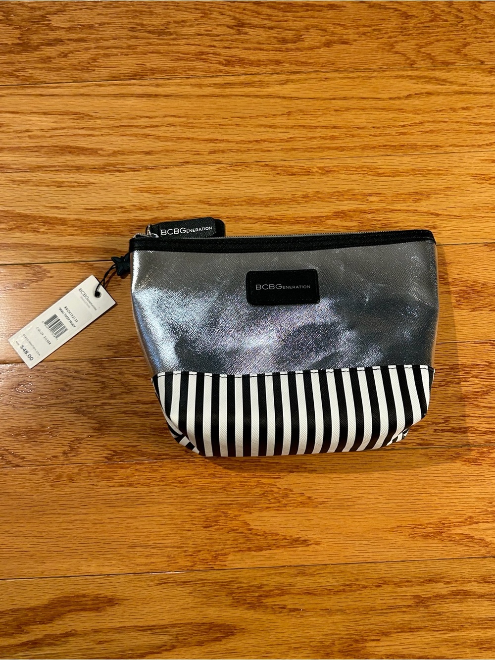 BCBGeneration Silver and Black Striped Cosmetic Case